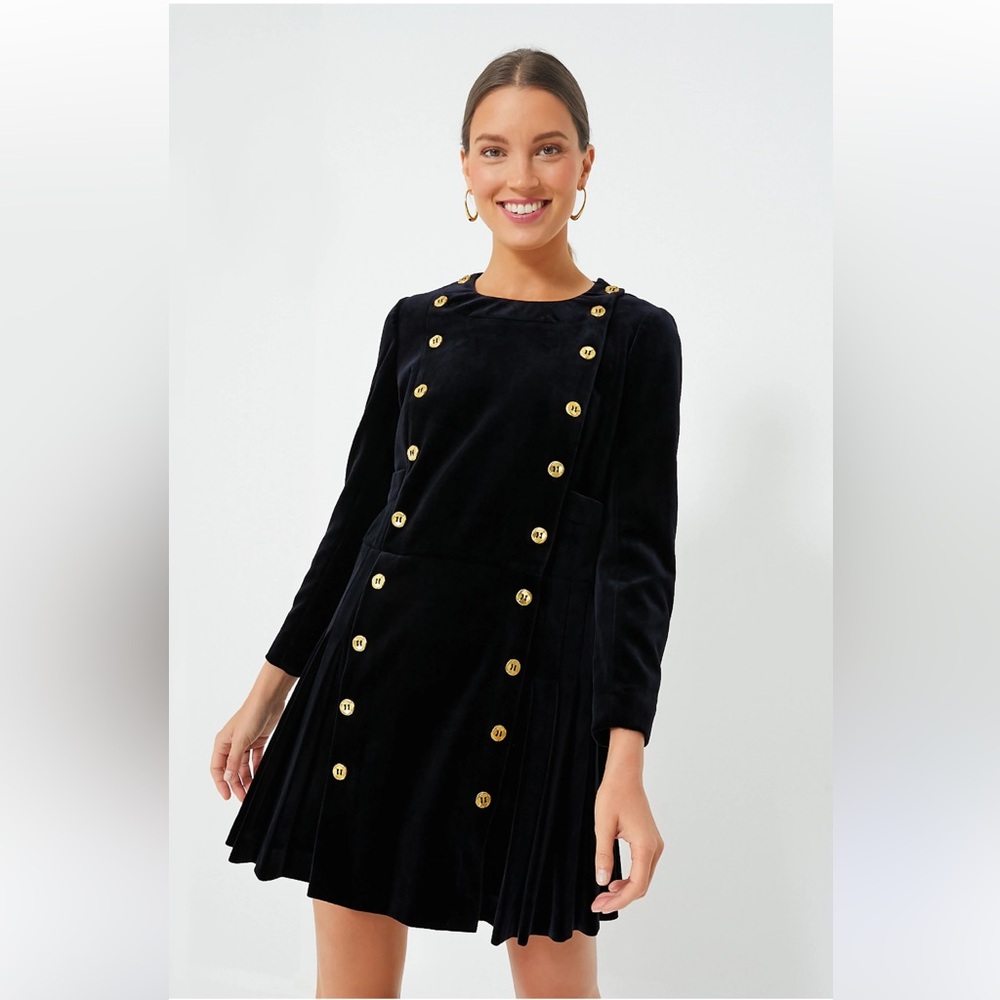 Tuckernuck Velvet Long Sleeve Black Dress with Gold Buttons